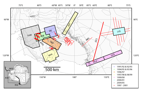 Summary of the UTIG aerogeophysical investigations in Antarctica. Three letter acronyms given after project titles correspond to labels in above figure.