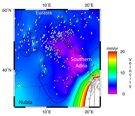 High-precision GPS measurements of crustal velocity in the Adriatic Sea region.
